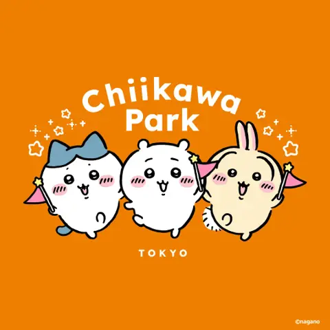 ちいかわパークのハロウィーン限定企画のメインビジュアル。オレンジ色の背景に、ハロウィーンの装いのハチワレ・ちいかわ・うさぎと「Chiikawa Park TOKYO」の文字