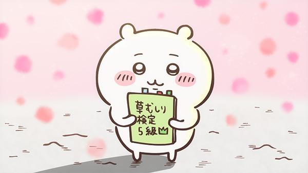 ピンクの花びらのような模様を背に、「草むしり検定5級」と書かれた緑の本を両手で抱えて立つちいかわ。アニメ「ちいかわ」第63話「お祝い」の場面