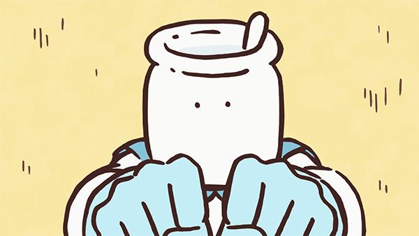 スプーンのささったヨーグルトのびんのような頭に、水色の手袋をした両手をにぎって胸の前で構えるむちゃうマン。アニメ「ちいかわ」第138話「むちゃうマン②」の場面