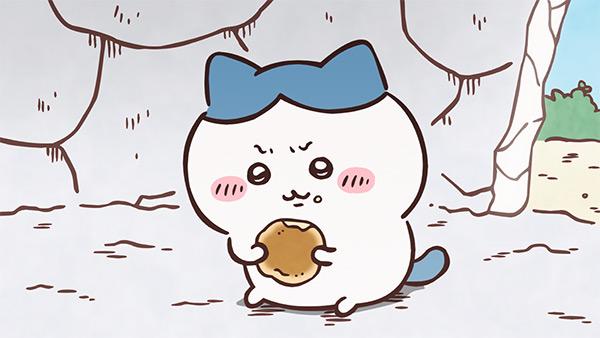 岩かべの前で、ハチワレがきつね色の丸いホットケーキを両手で持ち、少し不安そうな顔をしている、アニメ「ちいかわ」第213話「黒い流れ星の話／立ち食いそば」の場面