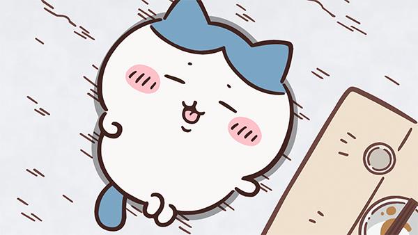 上から見たハチワレが、茶碗と箸ののったちゃぶ台のそばで寝そべっている、アニメ「ちいかわ」第239話「ハチワレの一日②／帽子」の場面