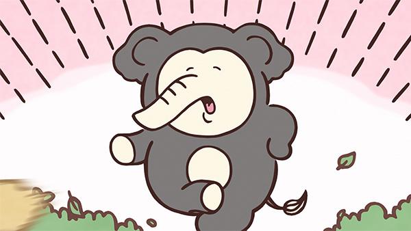 長い鼻と大きな耳をもつ灰色の相手が、目を細めて口を開け、草の上を歩いている。背景はピンクに縦線が並ぶ、アニメ「ちいかわ」第350話「あくむ②」の場面
