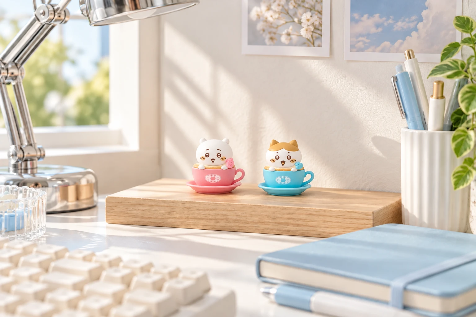 水色のノートと白い机に、ピンクと水色のラテケースを並べた飾り方。（商品画像を参考にAI生成）