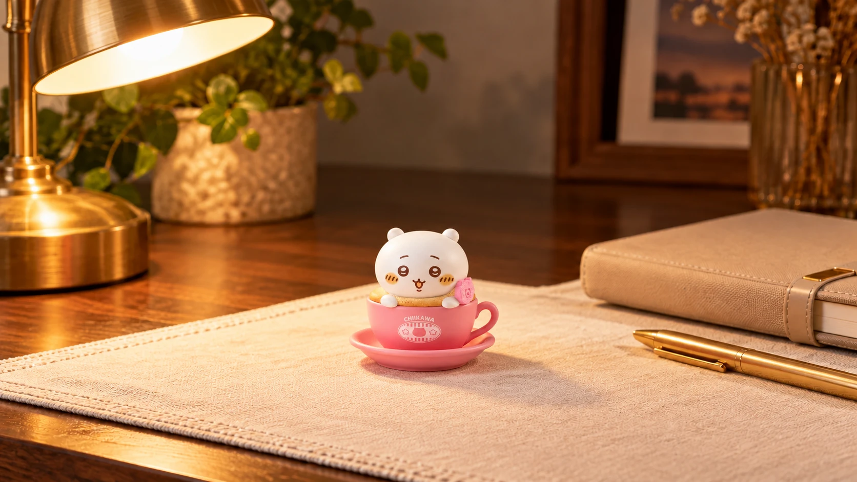 ウォールナットの机と暖色のデスクライトに、ちいかわラテを合わせた夜の飾り方。（商品画像を参考にAI生成）