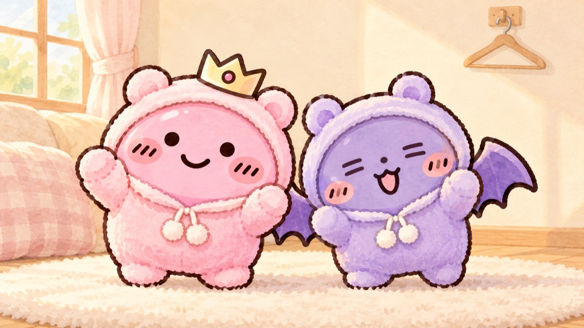 フード付きのもこもこのつなぎを着て並ぶ、ちいふぁんのマスコット2人（ちいかわ コンビネゾンの案内画像）