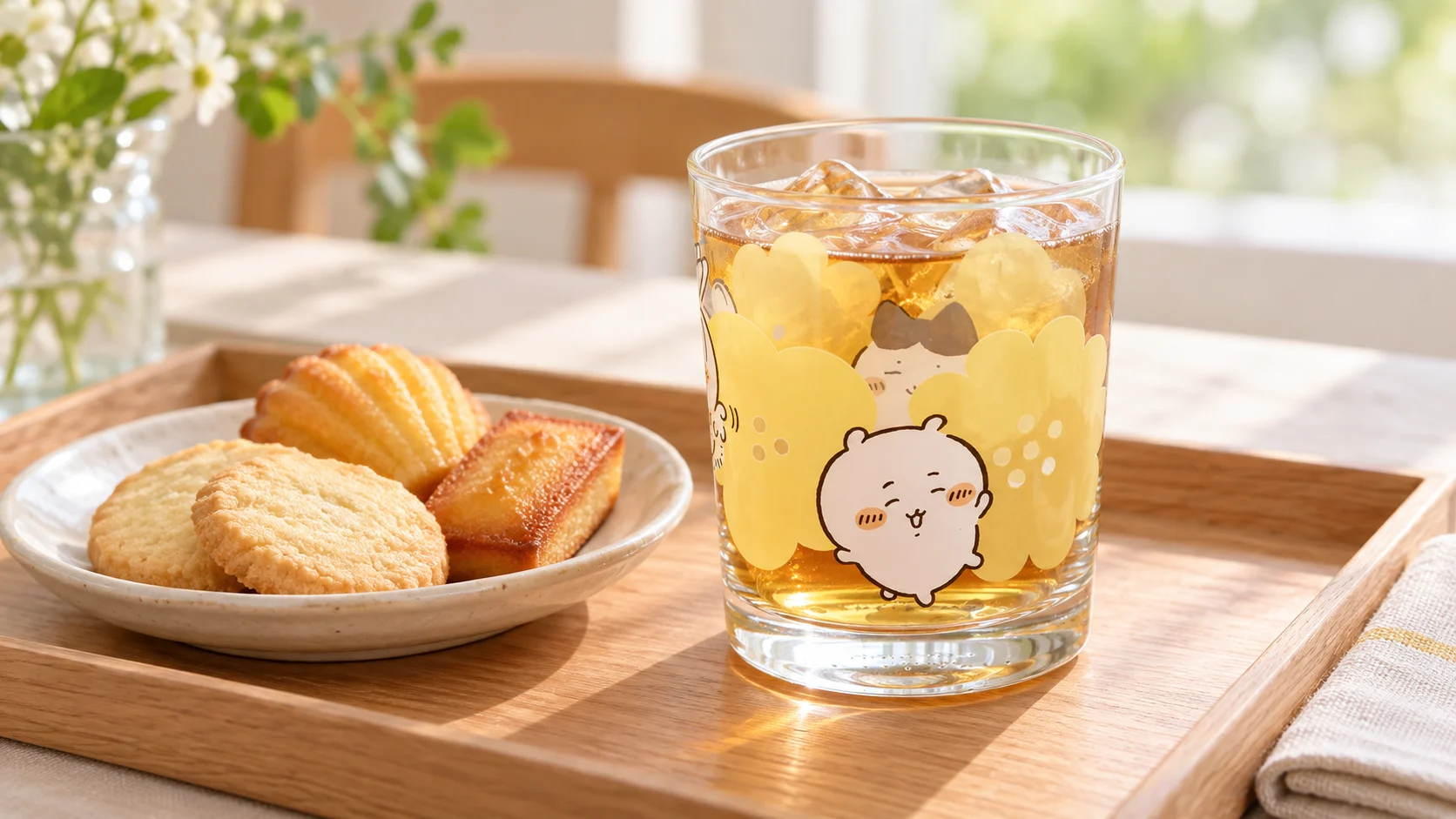 木のトレーに、アイスティーを入れたイエローのちいかわのガラスタンブラーと、クッキー・マドレーヌを並べたおうちカフェ（商品画像を参考にAI生成）