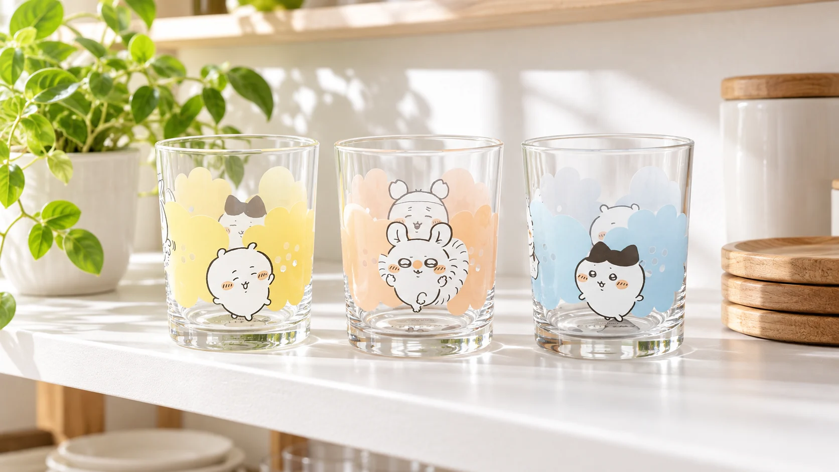 キッチンの白い棚に、イエロー・ピンク・ブルーのちいかわのガラスタンブラーを並べて飾った様子（商品画像を参考にAI生成）