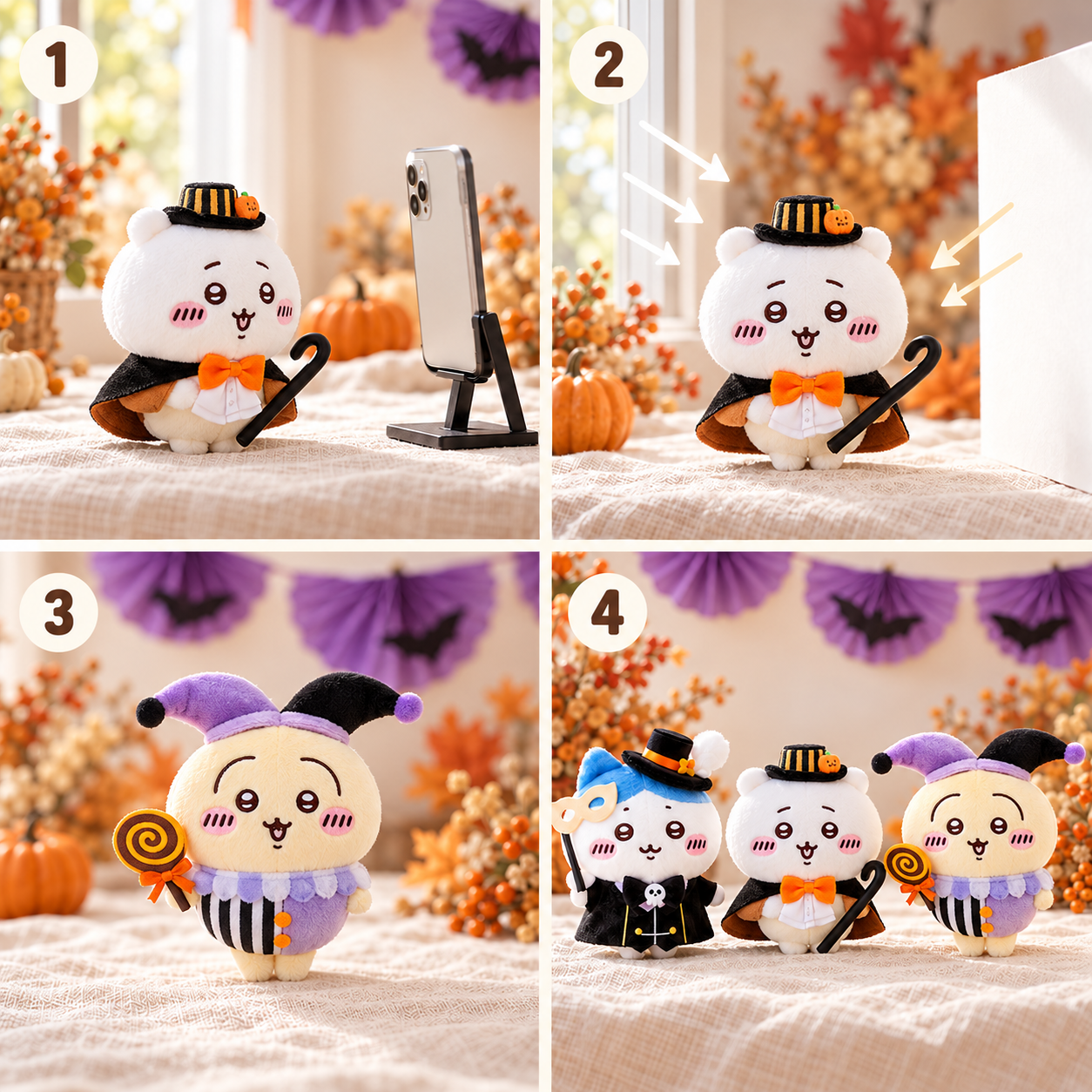 ハロウィンのぬい撮りの4つのコツ。1はスマホをぬいの目線に下げる、2は窓の光と白い紙、3は飾りを後ろに離す、4は3体を同じ奥行きに並べる