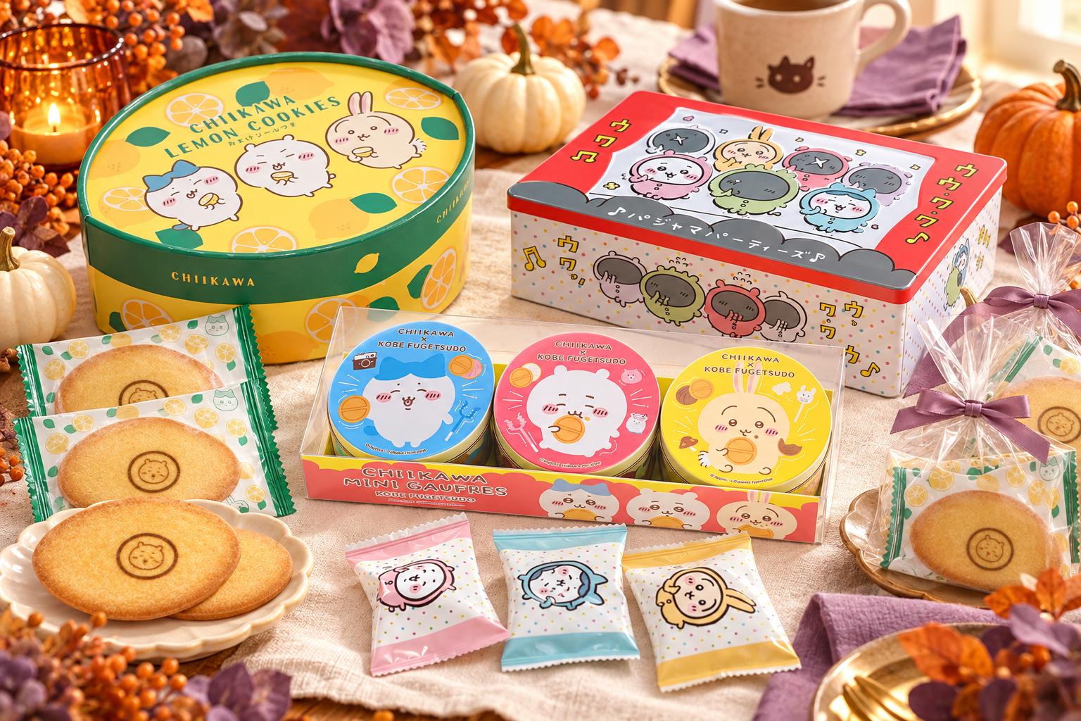 ちいかわのレモンクッキー、パジャマパーティーズのクランチ缶、3人のミニゴーフル缶をかぼちゃと合わせたお菓子パーティーのイメージ