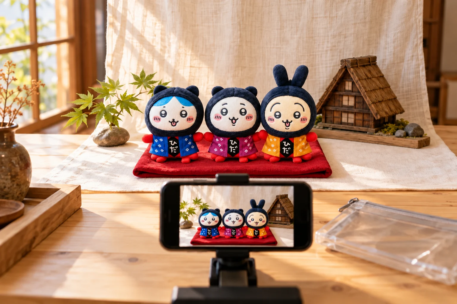 赤い布の上にさるぼぼ姿のハチワレ・ちいかわ・うさぎを並べたぬい撮りイメージ（商品画像を参考にAI生成）