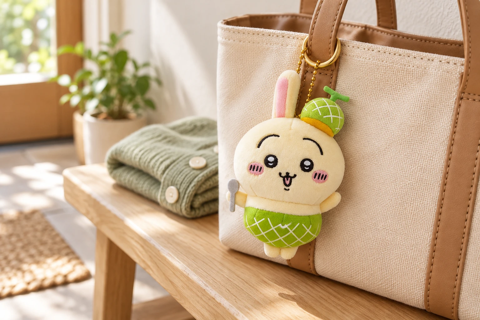 生成りとキャメルのミニトートに、メロン姿のうさぎを添えたおでかけ例（商品画像を参考にAI生成）
