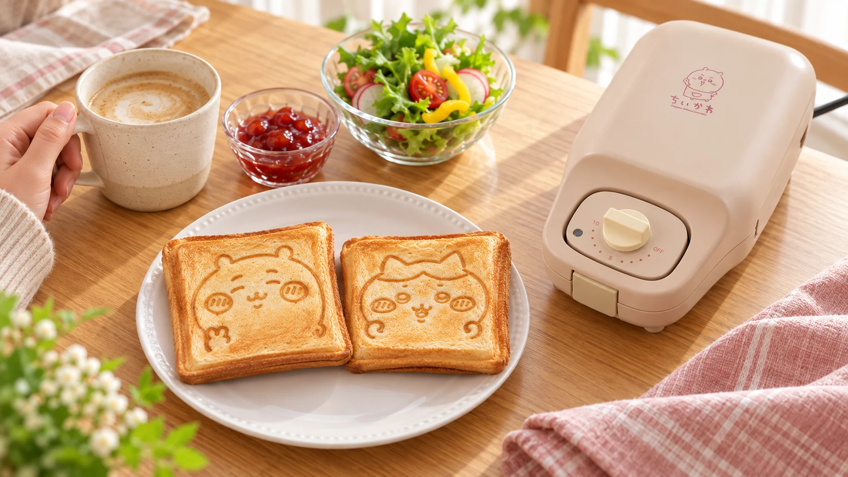 マルチサンドメーカーの手前のお皿に、ちいかわとハチワレの焼き目のホットサンドを並べ、カフェオレとサラダを添えた休日の朝ごはん（商品画像を参考にAI生成）