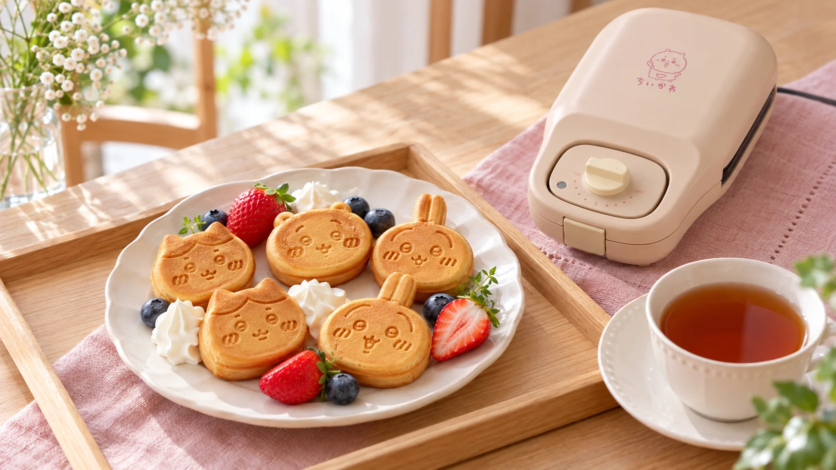 ちいかわ・ハチワレ・うさぎの顔の形のミニケーキを、いちごと生クリームで飾って紅茶と並べたおやつの時間（商品画像を参考にAI生成）
