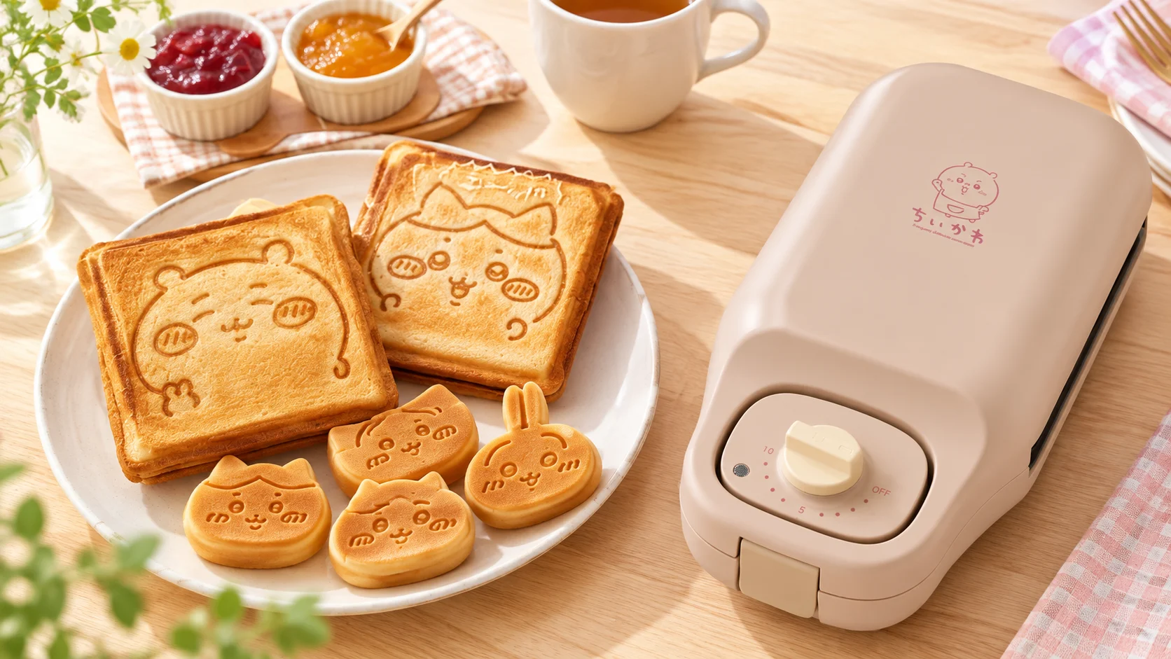木のテーブルに置いたちいかわのマルチサンドメーカーと、ちいかわとハチワレの焼き目のホットサンド、顔の形のミニケーキの使用イメージ（商品画像を参考にAI生成）
