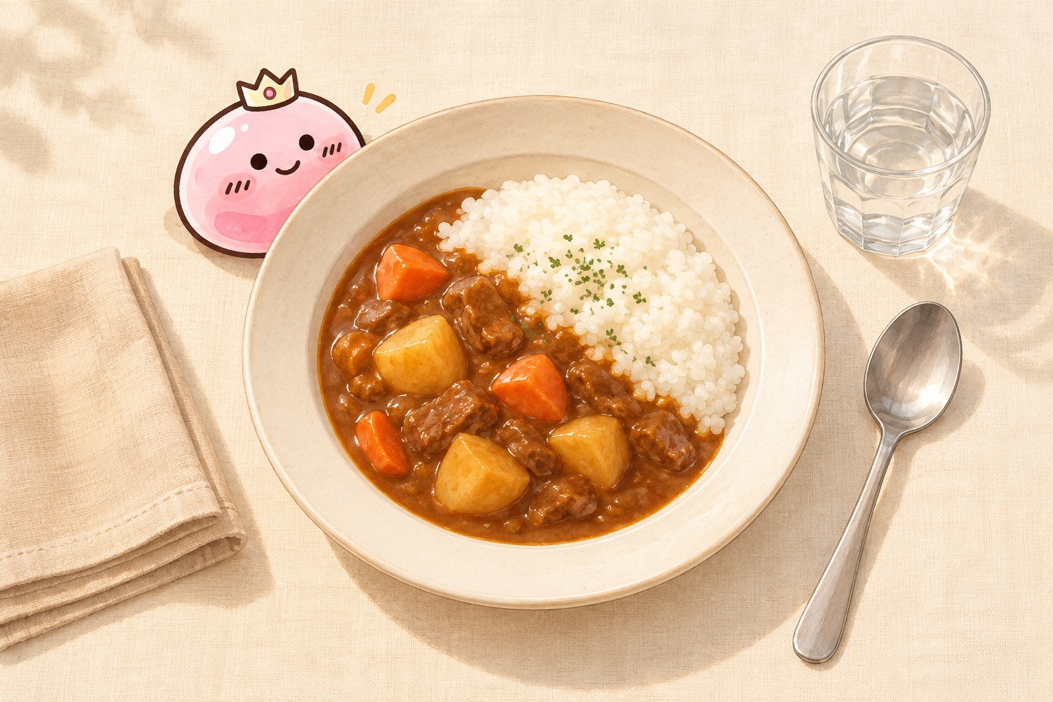 カレーライスを盛った白いお皿とスプーン、水のグラスのそばに、ちいふぁんのピンクのマスコットがいるイラスト(ちいふぁん制作。実際の商品の写真ではありません)