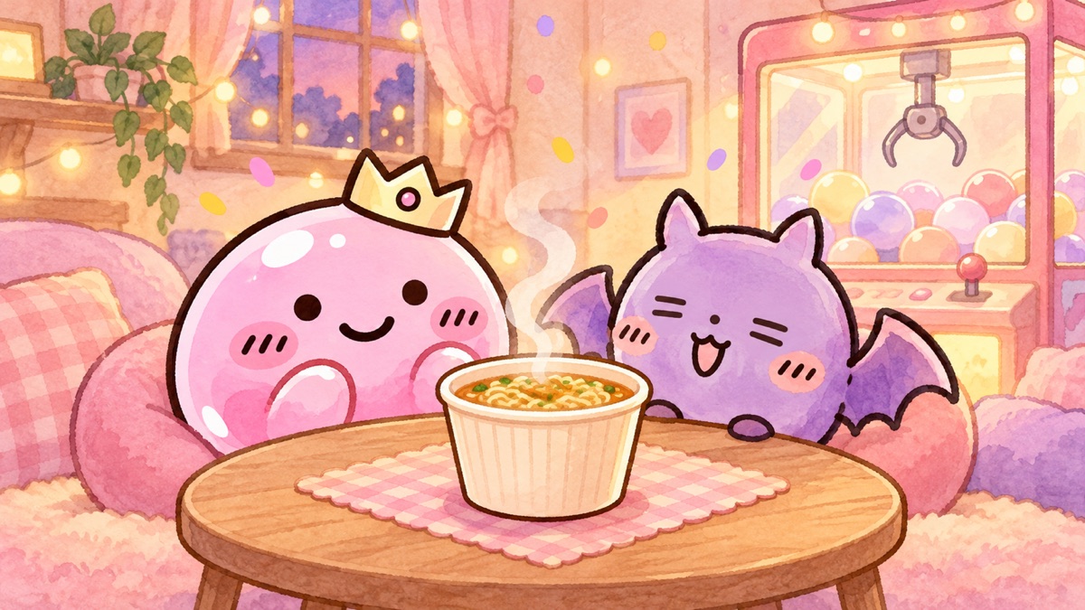 カップ麺を前にお祝いする、ちいふぁんのマスコット2人(ちいかわ ぬーどるストッパーフィギュア 合格ラーメンの案内画像)