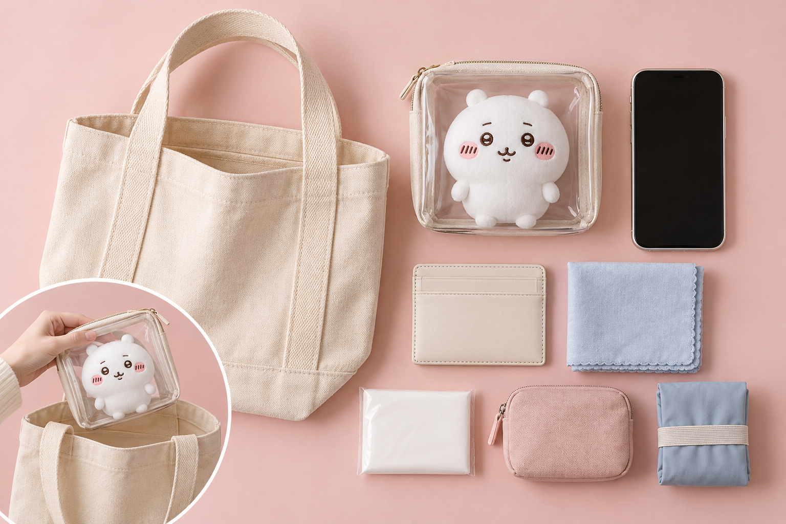 ちいかわのぬいを入れたポーチ、スマホ、財布、ハンカチ、折りたたみバッグを並べた持ち物のイメージ（AI生成）