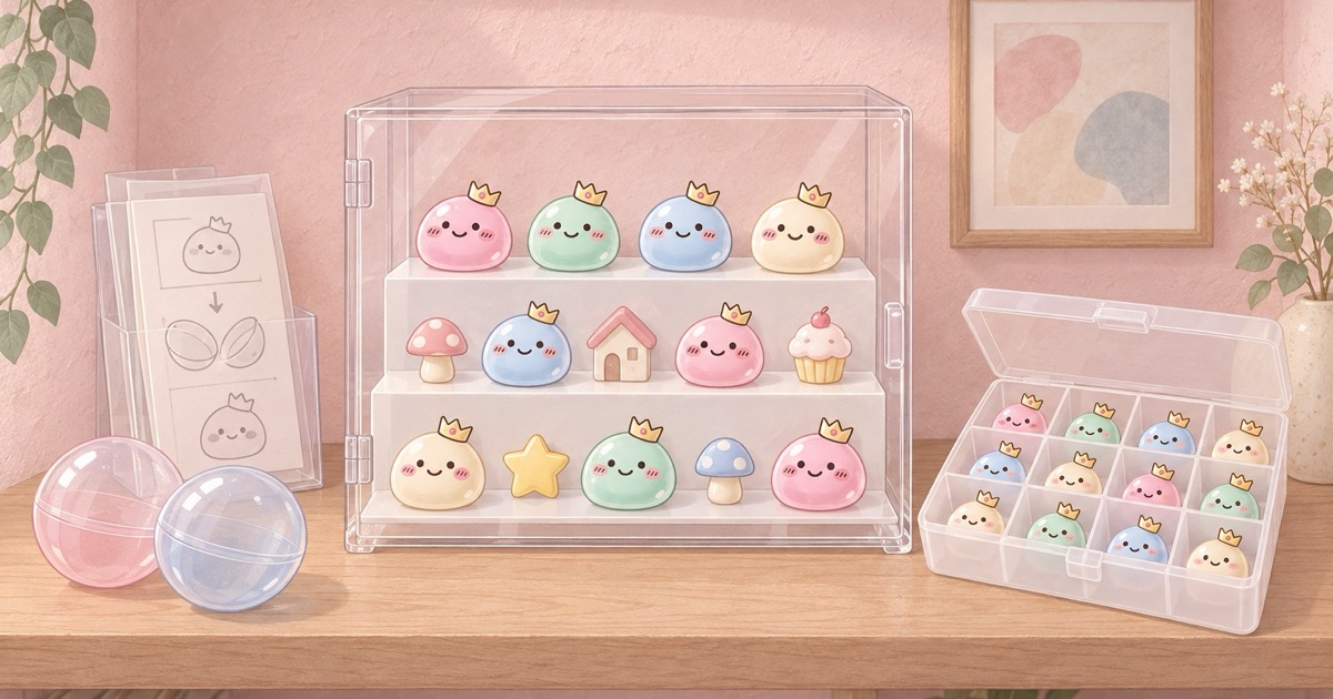 ほこりよけの透明なケースの中のひな壇に小さなフィギュアを並べ、仕切りのある収納ケースに1体ずつしまい、説明書をクリアファイルに立てた棚を描いた、ちいふぁんのオリジナルイラスト