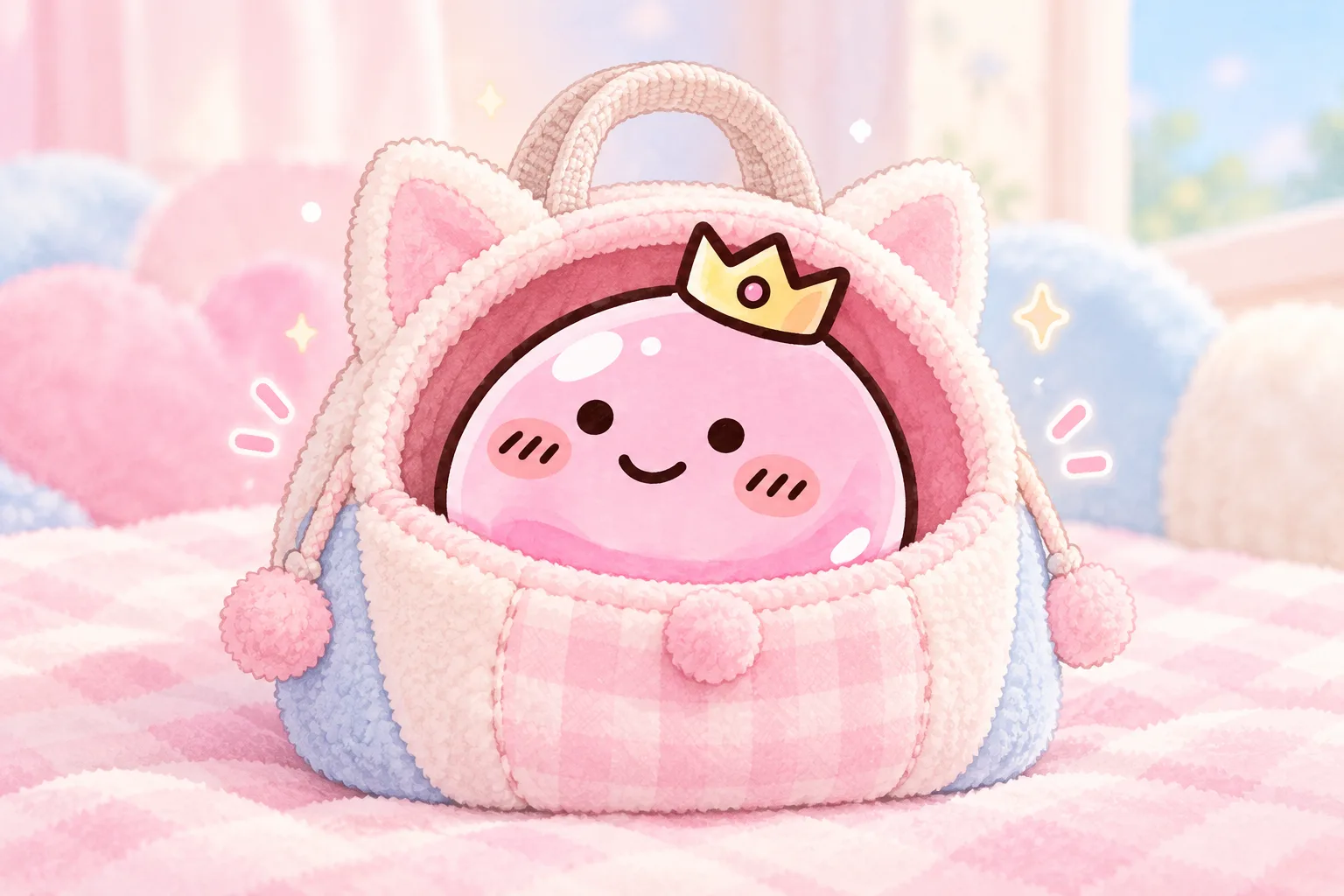 ちいふぁんのマスコットが、ネコ耳のついたふわふわの小さなポーチから顔を出しているイラスト（ちいふぁん作。実際の商品の写真ではありません）