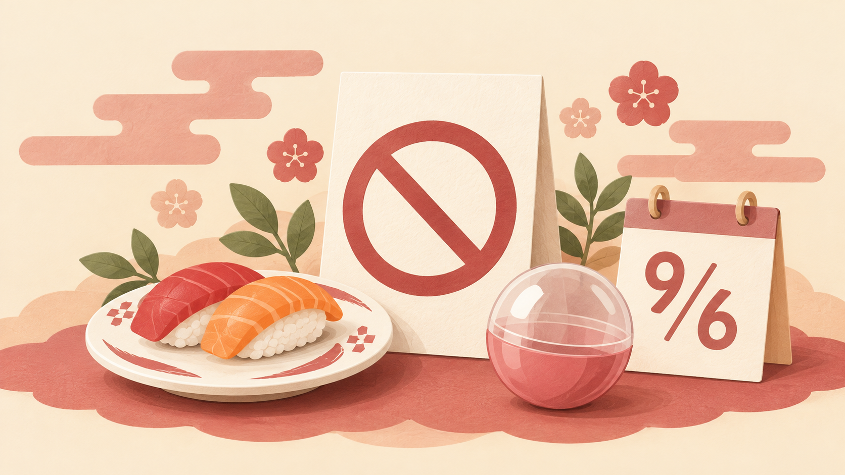 寿司皿、景品カプセルと9月6日のカレンダーでコラボ中止を表したイメージイラスト（公式告知画像ではありません）