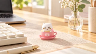 木目のデスクでキーボードの横にちいかわラテを飾った使用イメージ（商品画像を参考にAI生成）