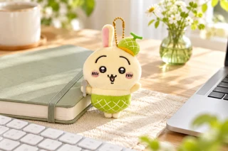 メロン姿のうさぎのぬいぐるみキーチェーンを、セージグリーンのノートと木目デスクに合わせた使用イメージ（商品画像を参考にAI生成）